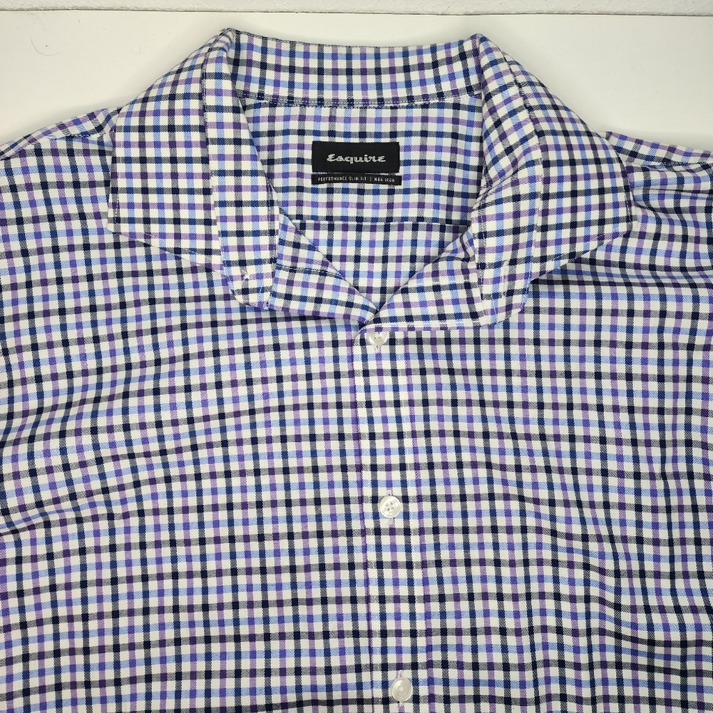 Esquire Slim Fit Non Iron Dress Shirt Men 16.5 34/35 Long Sleeve Gingham Blue - Picture 3 of 9